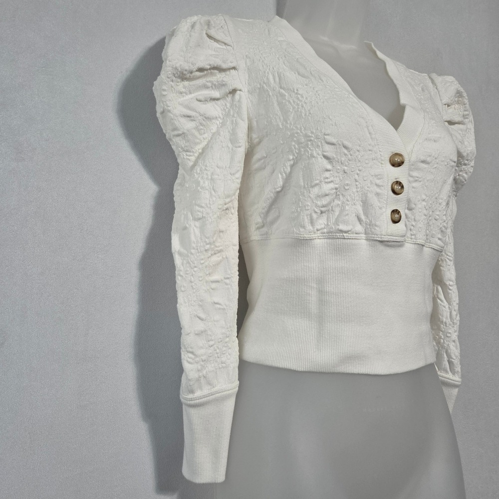 Free People Puff Sleeve Top XS White Textured Boho Romantic Victorian Cottage - Picture 8 of 12
